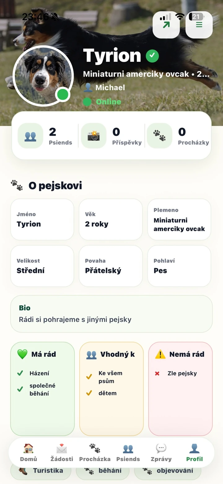 Reálná obrazovka aplikace DogMeetUp s profilem pejska