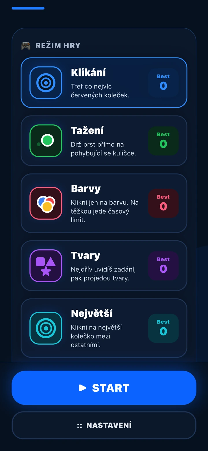 Reálná obrazovka aplikace Reaxo s herními režimy